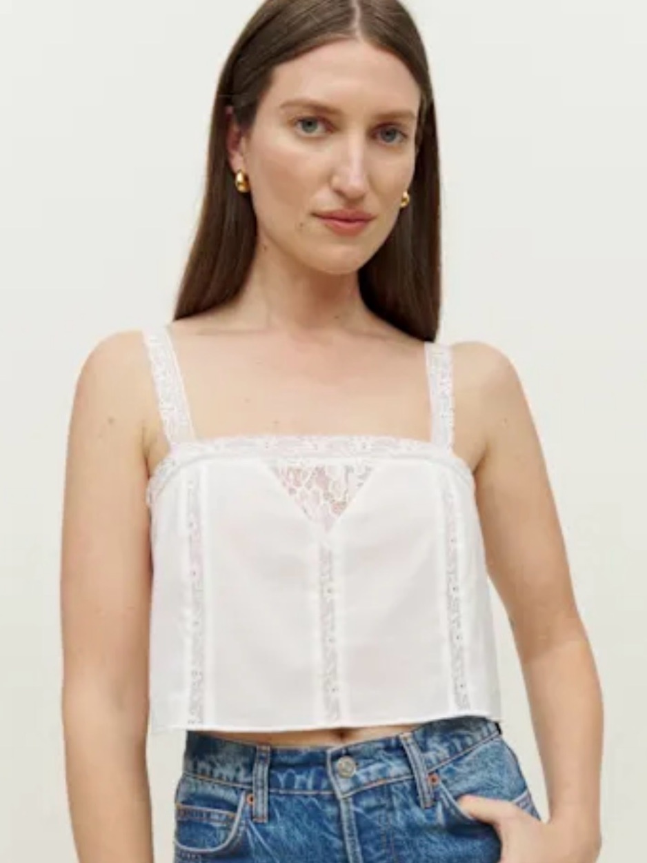 Reformation White Lace-Trim Square Neck Cami